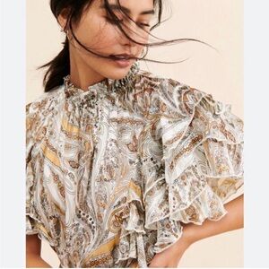 Anthropologie Elliatt Seraphina MiniDress Boho Ruffle Silver Gold Tan Brown Sz M